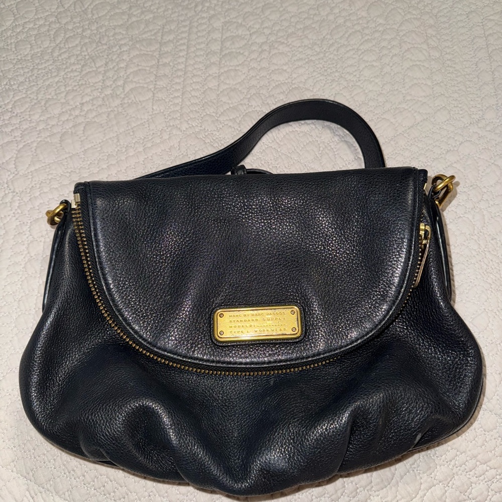 Marc By Marc Jacobs Black Leather Crossbody with Gold Plaque